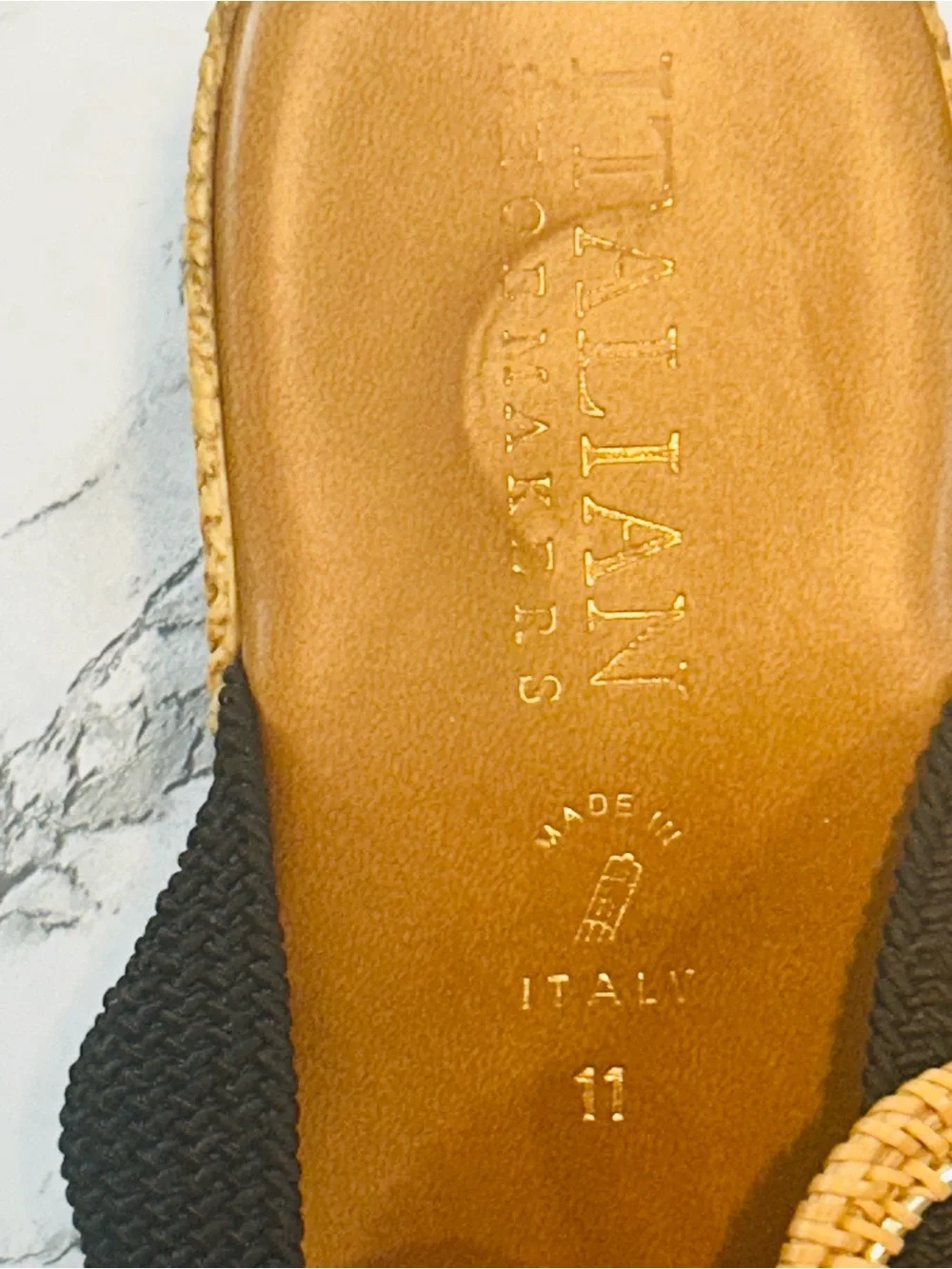 Italian Shoemakers Black and Tan Wedge Sandals with Rattan Accent